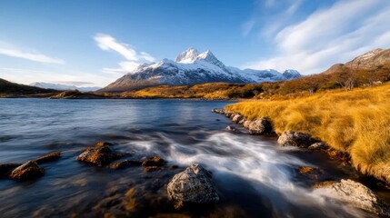 Fototapeta premium Explore the breathtaking beauty of Patagonia's pristine landscapes, featuring majestic mountains, serene waters, and vibrant golden fields.