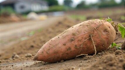 Close-up of a sweet potato's skin as it grows beneath the surface, natural light, nature photography, texture, close-up photography