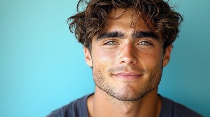 Fototapeta premium Young man with curly hair smiling against a vibrant blue background, exuding confidence and warmth