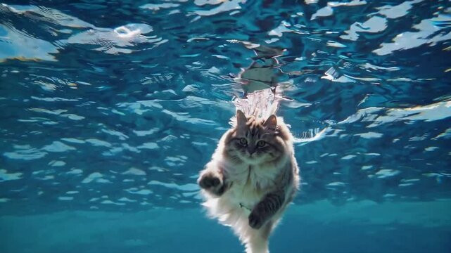 a cat swimming under the water, it looking up to the surface
