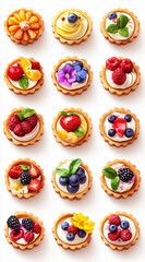 Colorful dessert tarts displaying a variety of fruits and flowers in a bright arrangement