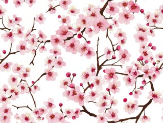 A Seamless Pattern of Light Pink Cherry Blossoms with Dark Brown Branches and Small Buds on a Clean White Background

