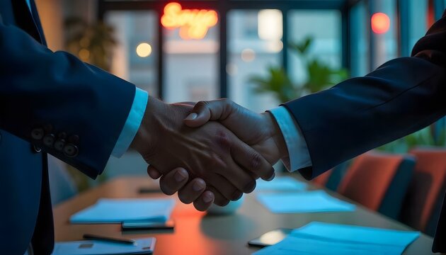 Close-up of two hands shaking in agreement, blurred modern office background, documents in view, no faces visible, charming seamless color gradient transition, adorable and professional