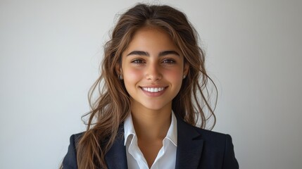 Young woman in professional attire smiling confidently against a neutral background, exuding positivity