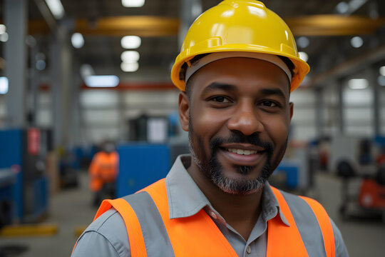 Black man, with short black hair and a beard, wearing a yellow hard hat and an orange safety vest over a gray shirt, smiling confidently