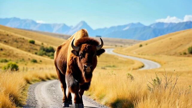 Majestic bison walking along a scenic path, perfect for nature documentaries or travel projects