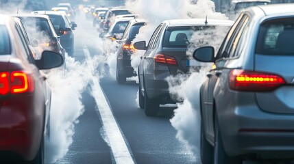 Heavy traffic jam emits thick exhaust fumes, highlighting urban