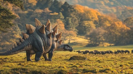 Fototapeta premium A majestic stegosaurus stands in a vibrant valley. This ancient creature surveys the herd in the background. Nature and dinosaurs create a stunning scene. Generative AI