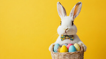 Fototapeta premium A bunny with a bow tie holds a basket of colorful Easter eggs.
