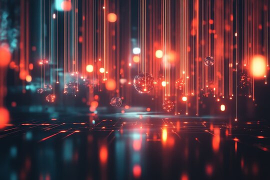 Abstract artificial intelligence concept with floating glowing objects and lines creating a digital network