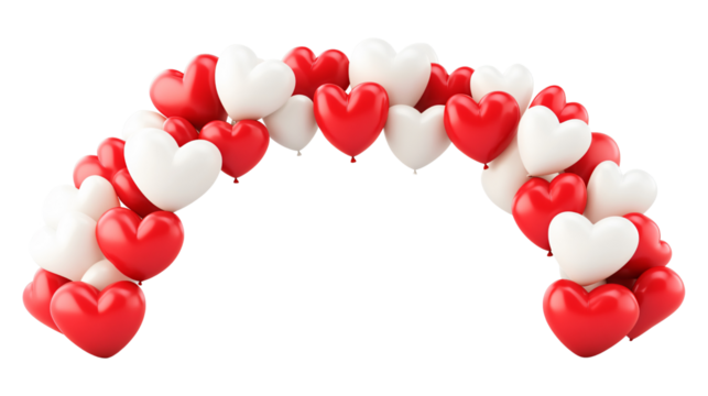 Red and white heart shaped balloons arch gate frame border isolated on transparent background