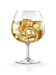 Iced amber drink in a glass, white background, refreshment