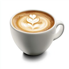 Latte art coffee cup, cafe drink, morning beverage, white background, breakfast