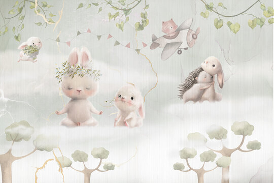 Cute animals in the clouds - watercolour illustration. Can be used as invitation card for wedding, birthday and wallpaper for kids background.