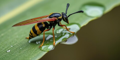 Close-up shot of a big banded wasp struggling to free itself from a thin layer of water on a leaf, botanicals, insect, water droplets