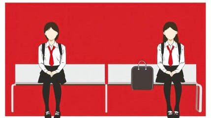 Students waiting, red background, school uniform, social distancing