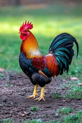 Vibrant Rooster Standing on Grass with Dirt and Small Holes