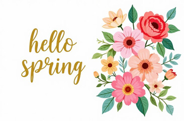 The inscription Hello spring, around spring flowers of pastel colors, white background.
