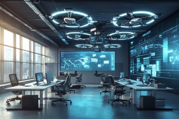 Open office space with modular furniture, document delivery drones and digital panels