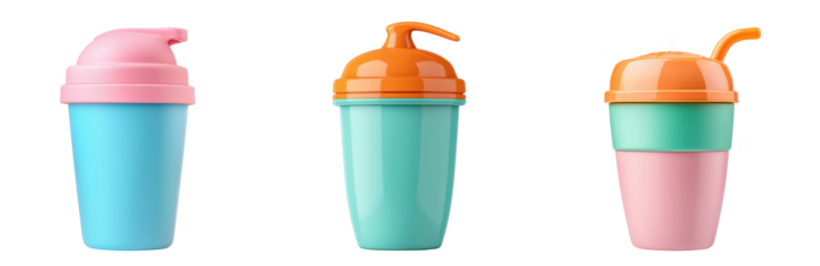 Colorful plastic shaker bottles with vibrant lids in pink, orange, and blue tones, isolated on transparency background