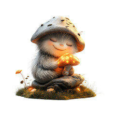 Fluffy 3D Cartoon Character Sitting on a Glowing Mushroom Isolated on Transparent Background