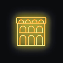 Yellow glowing neon icon of roman colosseum amphitheater representing concepts of travel and tourism