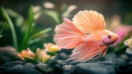 Fototapeta premium Graceful Orange Betta Fish Swimming Among Colorful Aquatic Plants and Stones