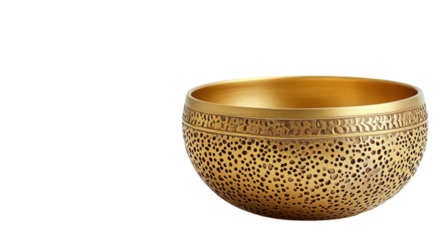 Elegant handcrafted singing bowl with intricate designs in a serene setting