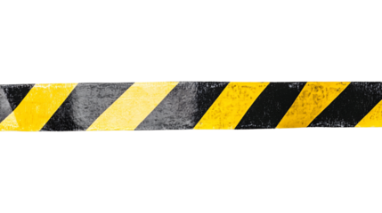 Horizontal strip of black and yellow barricade caution tape isolated on transparent background