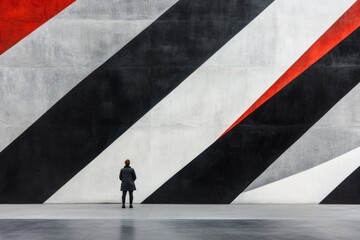 A minimalist design of a person standing in front of a considerably large staircase, with bold lines indicating upward progress