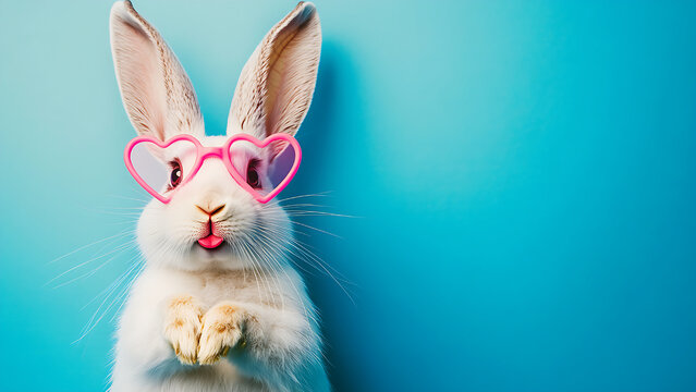 A white rabbit with pink heart-shaped glasses on a blue background.