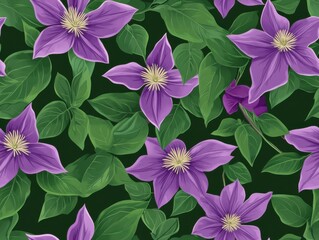 A Seamless Pattern of Purple Clematis Flowers with Yellow/White Centers and Green Leaves on a Green Background

