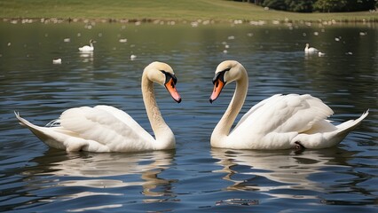 Obraz premium Three cygnets swim in a shallow, greenish pond surrounded by tall grasses.