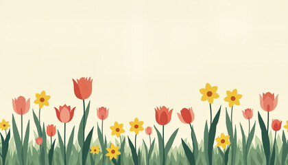 Obraz premium Minimalist illustration of blooming tulips and daffodils in a meadow, vector style, pastel pink, yellow, and green tones, symbolizing renewal and beauty 