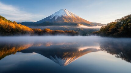 Experience serene beauty at sunrise with Mount Fuji's reflection on tranquil waters, surrounded by autumn foliage, nature's masterpiece.