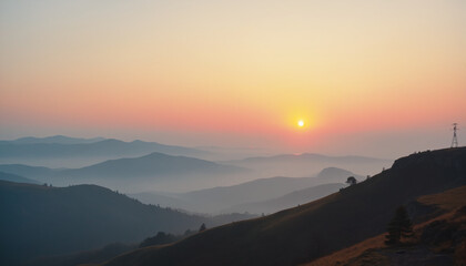 Serene sunrise over hills with layers of fog, soft pastel tones in the sky, earthy tones in the foreground, peaceful atmosphere  