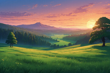 Naklejka premium Anime-style vast green valley, tall trees glowing in soft sunset light, mist floating above the grass