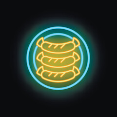 Neon sign of three delicious sausages on a plate, glowing on a black background