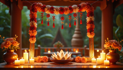 Songkran flower garland hanging from a golden frame, adorned with jasmine and lotus flowers, candlelit ambiance, rich tones, symbolizing cultural traditions