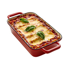 Premium Ceramic Lasagna Pan with Red Casserole and Green Leaf Isolated on Transparent Background