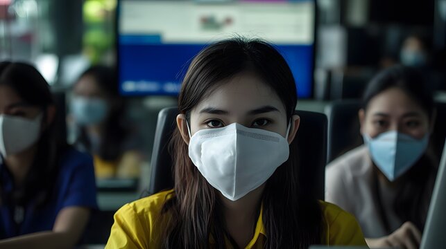 Focused Young Woman Wearing Face Mask in Modern Office Setting