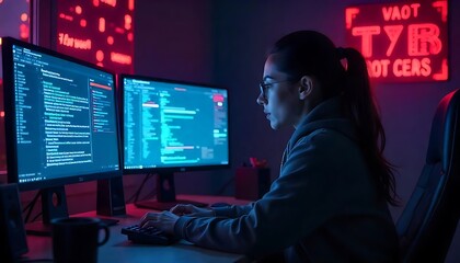 Focused coder working late night at desk with computer screen displaying code and red neon lights
