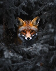 Fototapeta premium A captivating fox peers through dark green foliage. Its striking orange fur contrasts beautifully with the shadows. This image embodies the spirit of wilderness. Generative AI