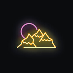 Neon sign illustration of a mountain range with the sun rising over the peaks