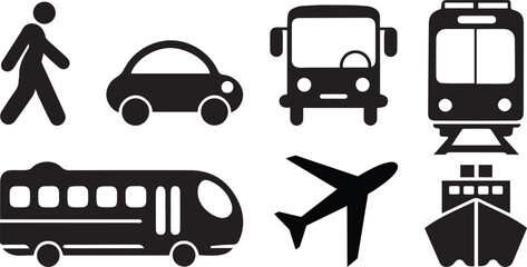 Transport icons set. Auto, bus, train, ship, plane and on foot. Public, travel and delivery transport icons. Vector illustration.