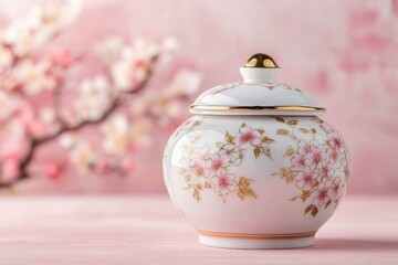 A delicate porcelain jar adorned with floral patterns, set against a soft pink background, exuding elegance and charm.