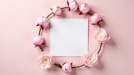 Elegant Pink Blossoms Encircling a Blank Card for a Delicate Announcement or Invitation