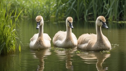 Fototapeta premium Three cygnets swim in a shallow, greenish pond surrounded by tall grasses.