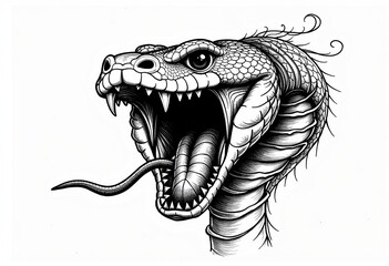 Naklejka premium Ferocious Snake Sketch, Cobra, Mouth Open, Fangs Exposed, Tongue Out, Line Drawing, Minimalist Tattoo Design, Girls Art, Vector, Isolated, Reptile. 