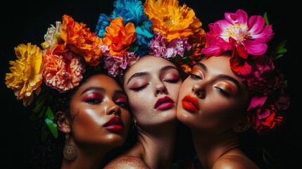 Obraz premium In a stunning display, a group of diverse women embraces their individuality, showcasing colorful floral crowns. Their radiant smiles and bold makeup reflect the joy of togetherness